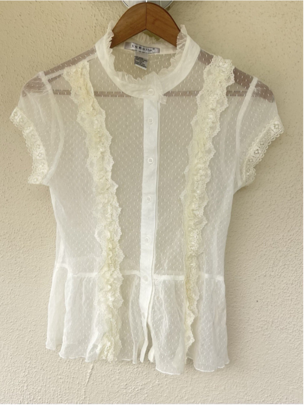 VTG La Belle White Sheer Lace Dot Blouse Women’s Size 2XS Ruffle Fairy Dainty
